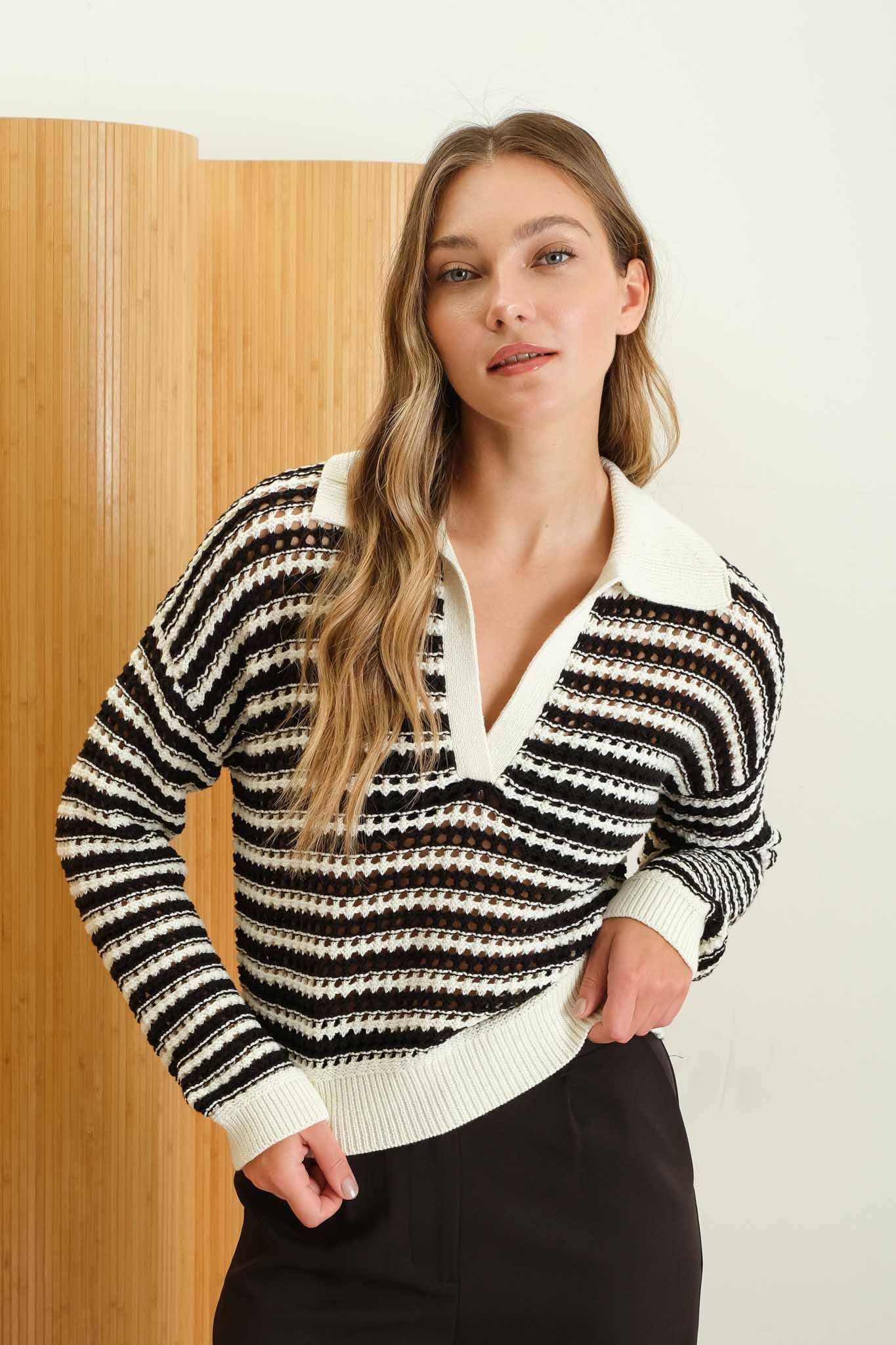 STRIPE COLLARED LONG SLEEVE CROCHET KNIT SWEATER