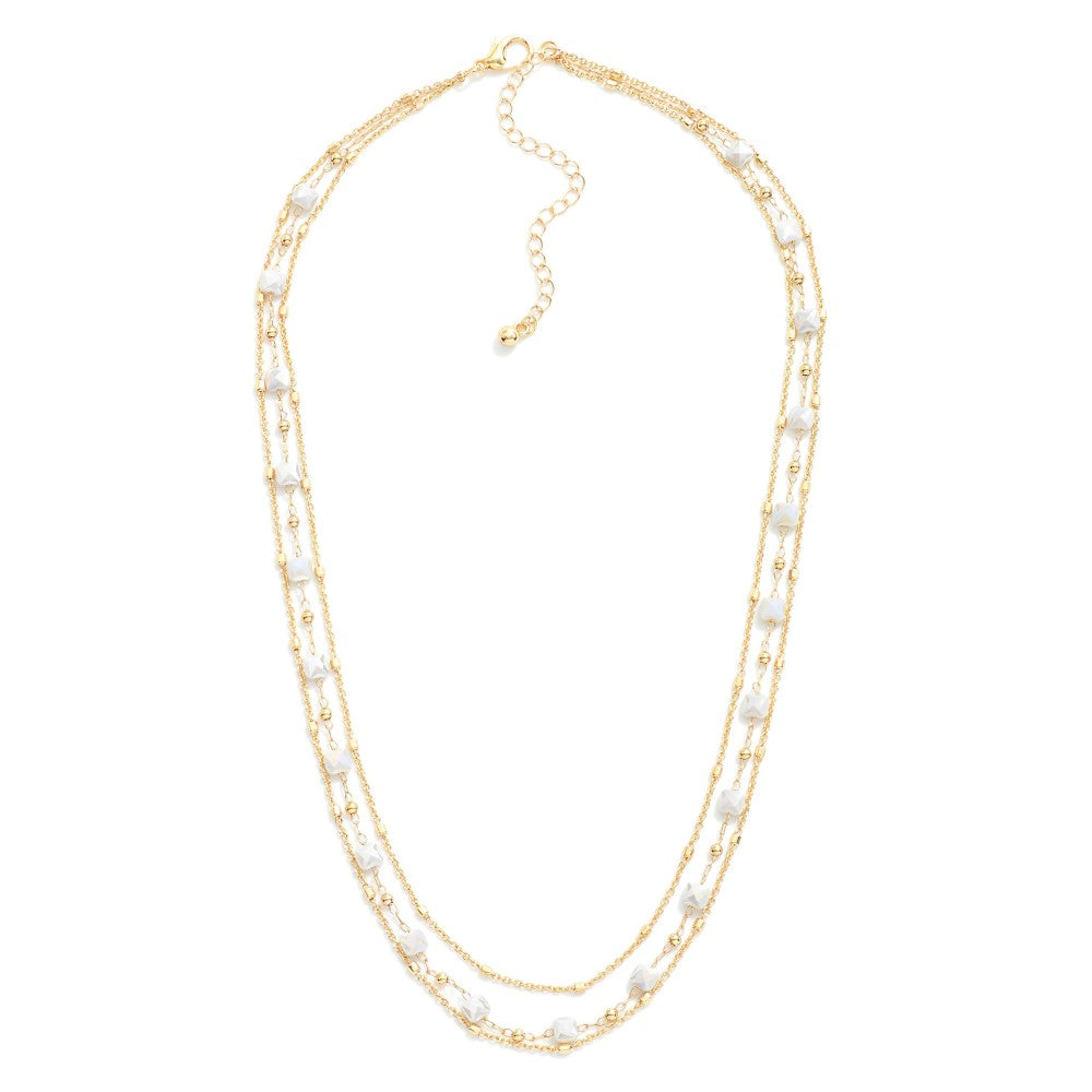 Layered Chain Link Necklace Featuring Cushion Square Cut Glass Bead Stations