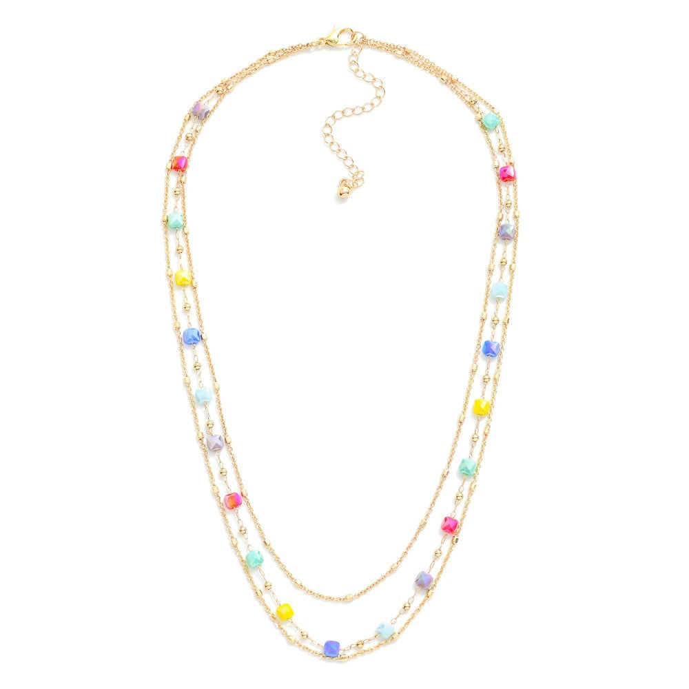 Layered Chain Link Necklace Featuring Cushion Square Cut Glass Bead Stations