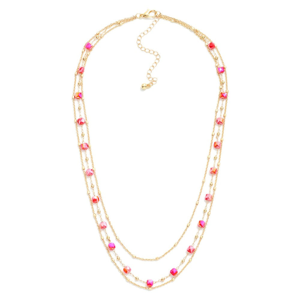 Layered Chain Link Necklace Featuring Cushion Square Cut Glass Bead Stations