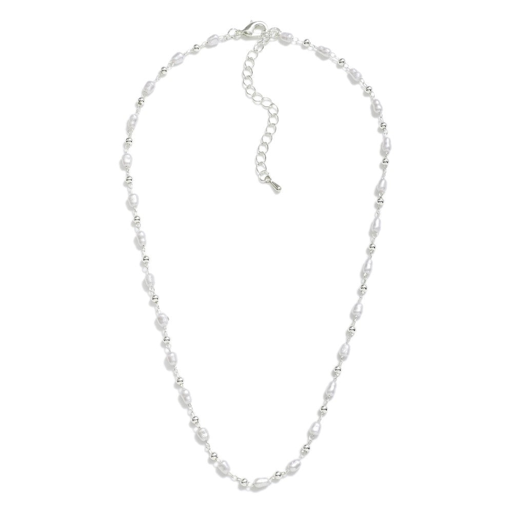 Chain Link Necklace Featuring Metal Tone Bead & Pearl Stations