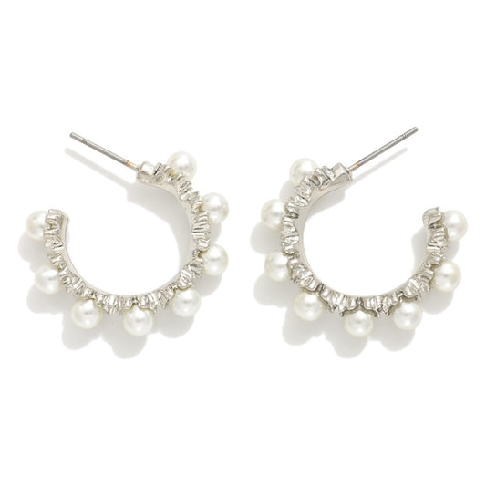 Metal Tone Hoop Earrings Featuring Pearl & Clover Details