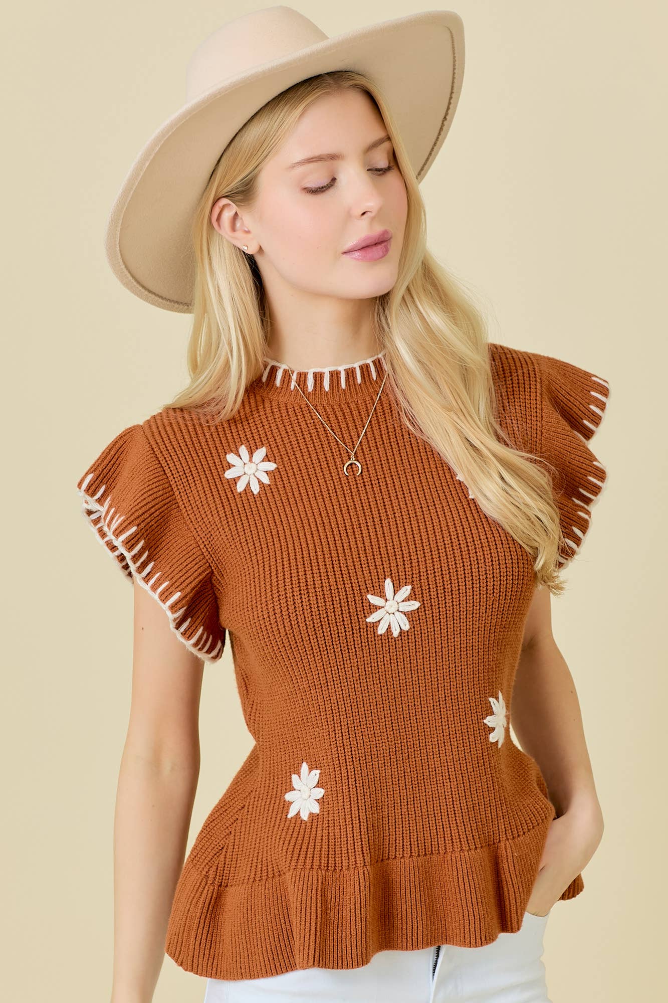 Ruffled Sleeve Knit Top With Flower Embroidery