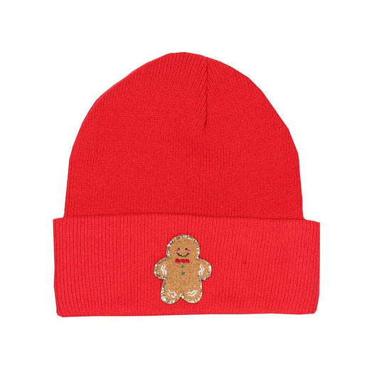 Gingerbread Man Glitter Chenille Patch Knit Cuffed Beanie