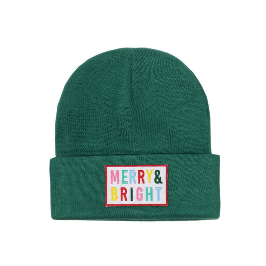 'MERRY & BRIGHT' Embroidered Patch Knit Cuffed Beanie