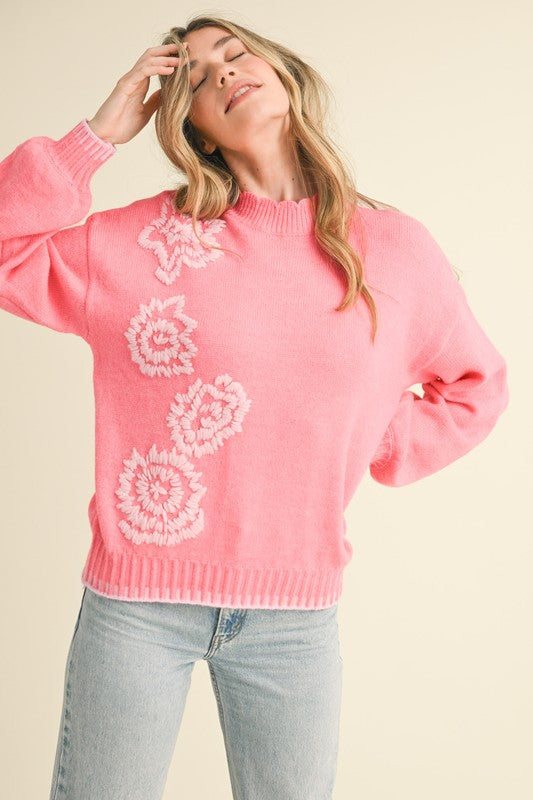 Floral Embroidery Mock Neck Sweater