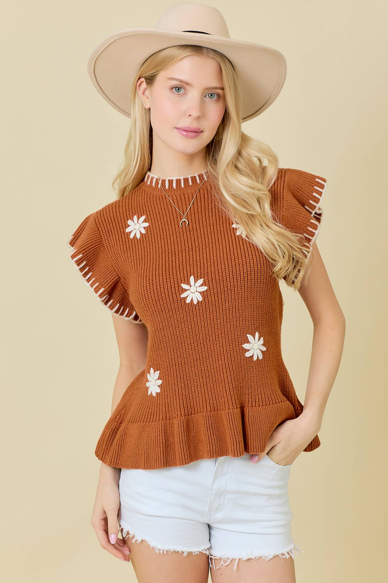 Ruffled Sleeve Knit Top With Flower Embroidery