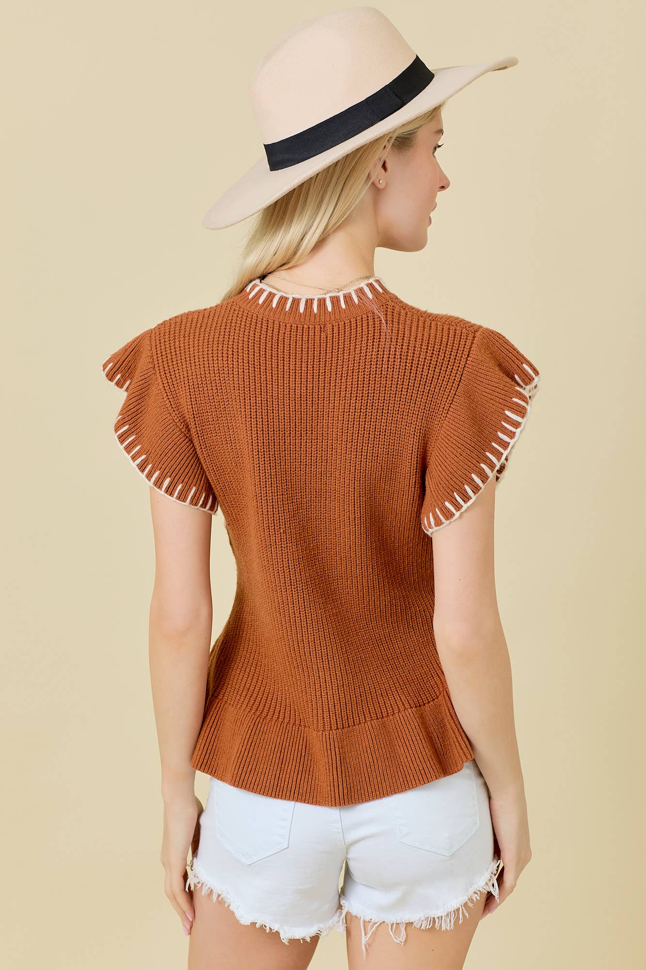 Ruffled Sleeve Knit Top With Flower Embroidery