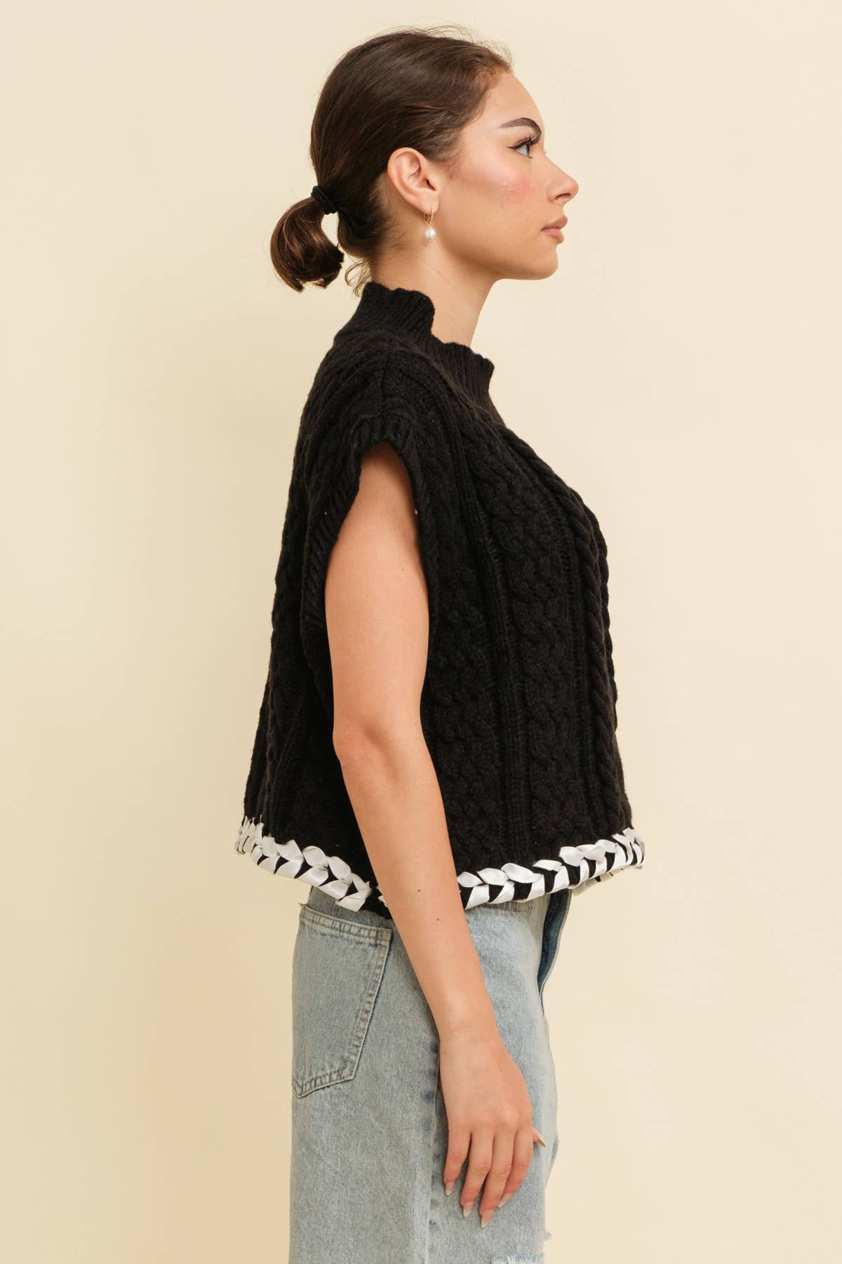 CSW13362K - CABLE KNIT DROP SHOULDER CONTRAST STITCH SWEATER